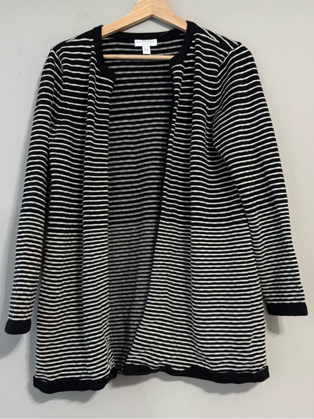 Charter Club Black & White Striped 100% Cotton Open Front Cardigan Sweater
